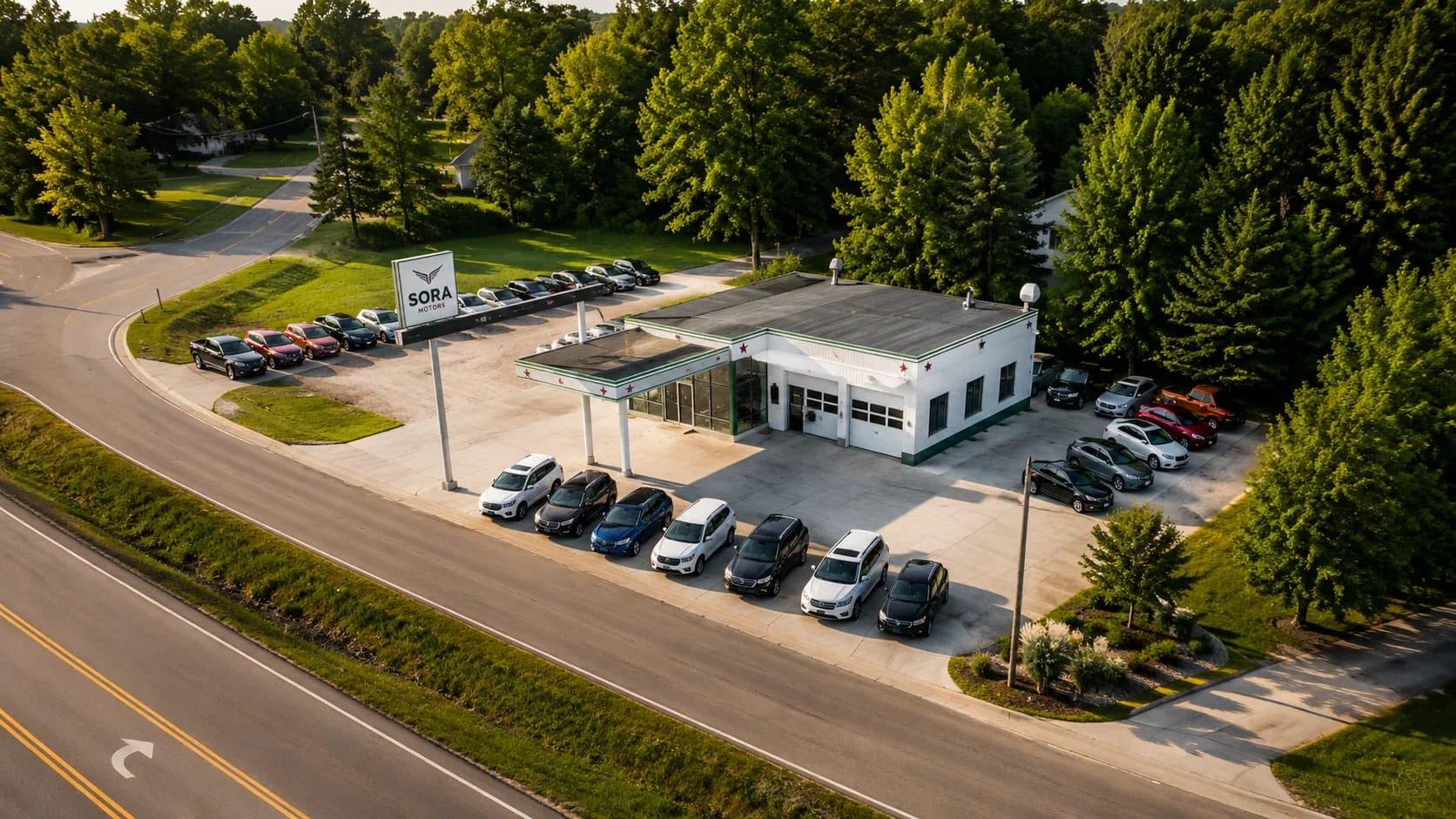 Aerial view of the SORA Motors lot in Circle Pines, MN